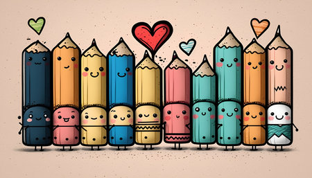 Cute hand drawn pencils. Vector illustration. Cartoon style.の素材