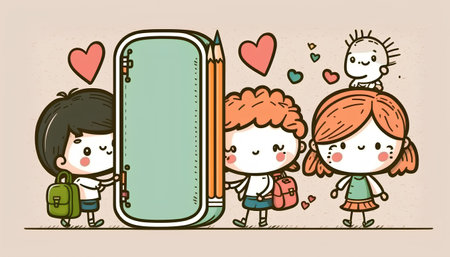 Happy kids with backpacks and big mirror. Vector cartoon illustration.の素材