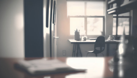 Interior of a modern office with a desk and a window.の素材