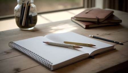 Pencil and notebook on the wooden table with window background, selective focusの素材