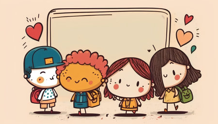Illustration of a group of children in love with a whiteboardの素材
