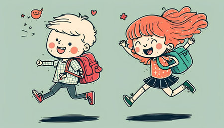 Boy and girl running with backpacks. Hand drawn vector illustration.の素材