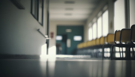 Interior of an empty classroom with rows of chairs and tables.の素材