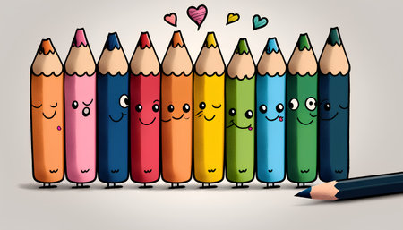 Colored pencils with funny faces and hearts. Vector illustration.の素材