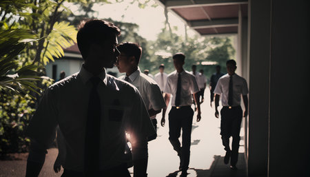 Group of young business people walking in the corridor of a modern office buildingの素材