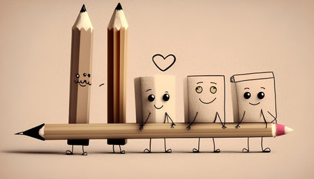 Pencils and books with smiley faces in front of white backgroundの素材