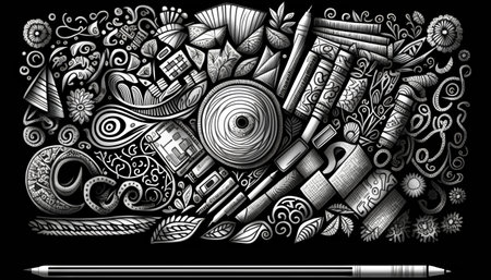 Cartoon cute doodles hand drawn School illustration. Line art detailed, with lots of objects background. Funny vector artworkの素材