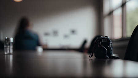 Silhouette of photographer with camera on table in modern office.の素材