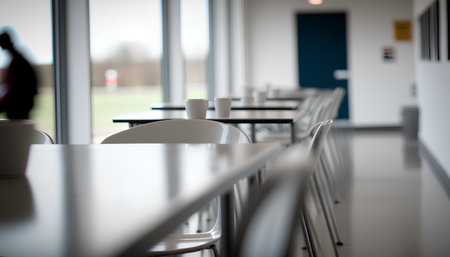 Empty tables and chairs in a cafe, shallow depth of field.の素材