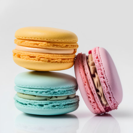 Colorful macaroons on a white background. Close up.の素材