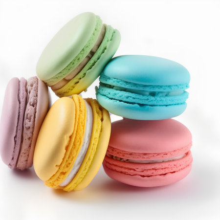 Colorful macaroons isolated on white background. Close up.の素材