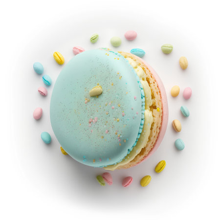 Colorful macaroon cakes isolated on white background, top viewの素材