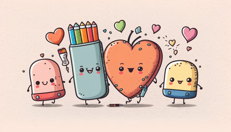 Cute hand drawn pencils, erasers and hearts. Vector illustration.の素材