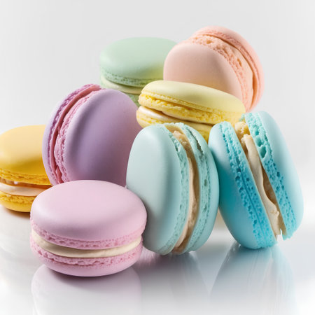 Colorful macaroons on a white background, close-up.の素材