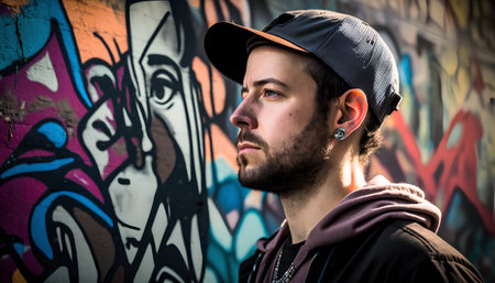 Portrait of a handsome young man in a cap against a graffiti wallの素材