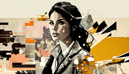 Fashion shot of a beautiful woman in a suit on colorful background.の素材