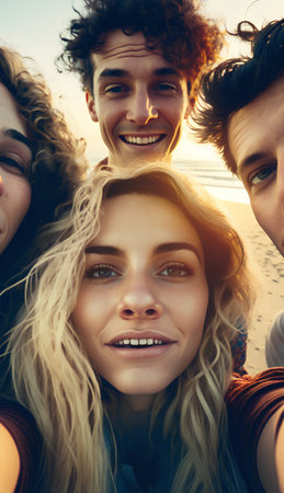 Group of friends taking selfie on the beach at sunset. Group of young people having fun on the beach.の素材