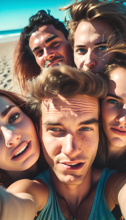 Group of friends taking selfie on the beach. Group of young people having fun on the beach.の素材