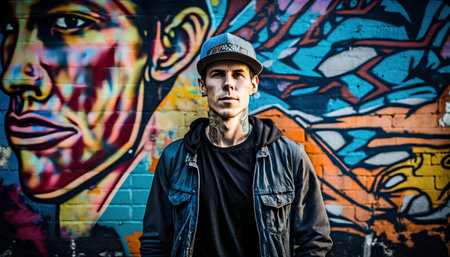 Portrait of a young man in a cap against a graffiti wallの素材