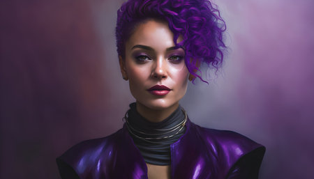 Portrait of beautiful young woman with purple hair and professional makeup.の素材