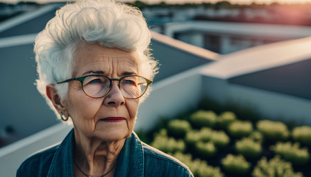 Portrait of a senior woman with eyeglasses on the roofの素材