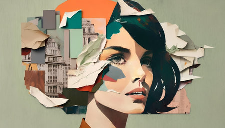 Portrait of a beautiful woman with a painting on the wall.の素材