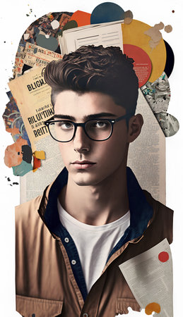 Portrait of a handsome young man in glasses and a beige jacket on a background of a collage with various pictures.の素材