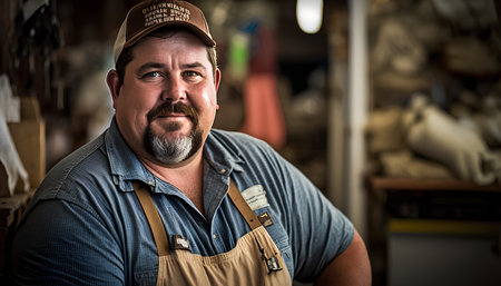 Portrait of a craftsman in his workshop, wearing a cap.の素材