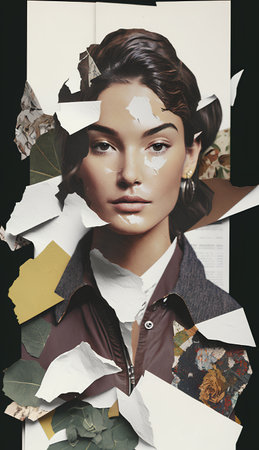 Fashion portrait of beautiful young woman with creative make-up and torn paperの素材