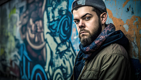 Portrait of a handsome brutal man with a beard and mustache in a baseball cap and a jacket against the background of a graffiti wallの素材