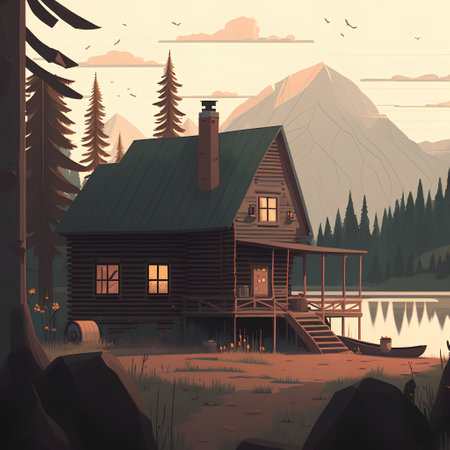Wooden house on the lake in the mountains. Vector illustration.の素材