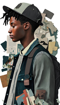 Contemporary art collage. Portrait of african american man with afro hairstyle wearing cap and jeans jacket.の素材