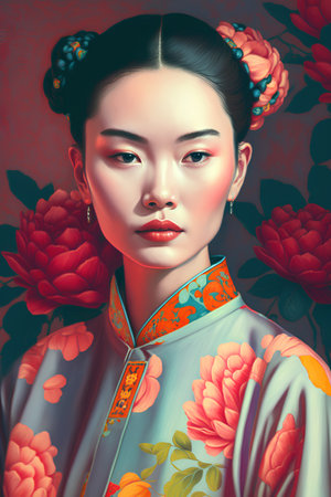 Beautiful asian woman with traditional chinese dress and flowers.の素材