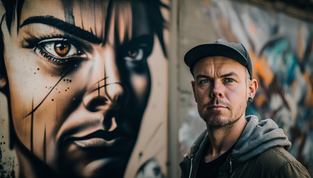 Portrait of a street artist in front of a graffiti wall.の素材