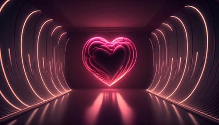 Neon glowing heart in a dark room. 3D rendering.の素材