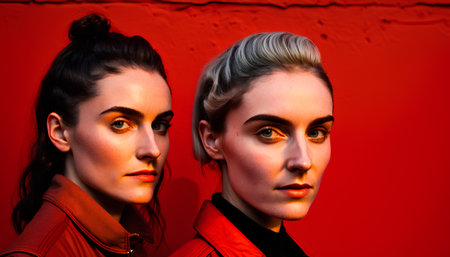 Portrait of two young women on a red wall background. Beauty, fashion.の素材