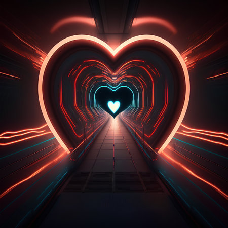 abstract futuristic tunnel corridor with glowing lights and heart shape 3d illustrationの素材