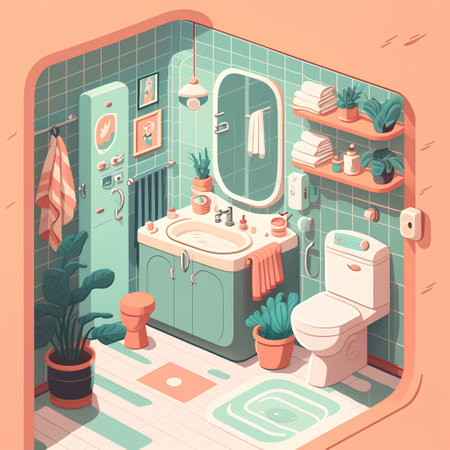 Bathroom interior isometric vector illustration. Bathroom with sink, mirror and toiletの素材