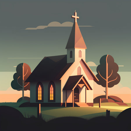 Church in the countryside. Vector illustration in flat style. Cartoon style.の素材