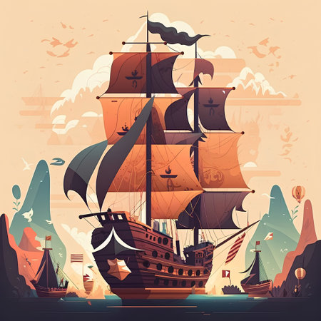 Pirate ship in the sea. Vector illustration in cartoon style.の素材