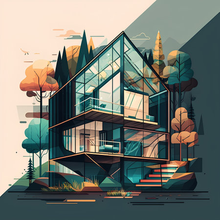 Modern cozy house in the forest. Vector illustration in flat style.の素材
