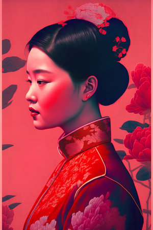 3D illustration of a beautiful asian woman in a red kimonoの素材