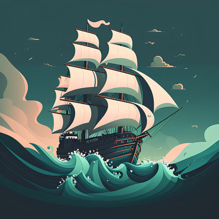 Sailing ship on the waves. Vector illustration in retro style.の素材