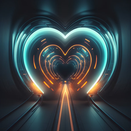 abstract futuristic tunnel corridor with glowing lights and heart shaped symbol illustrationの素材