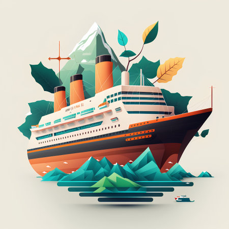 Cruise ship on the sea. Vector illustration in flat style.の素材