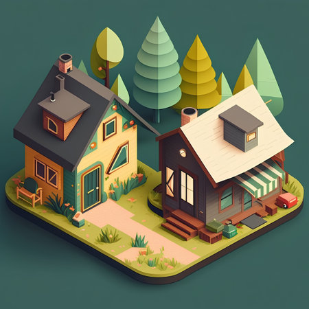 Isometric cottage in the forest. Vector illustration. Eps 10.の素材