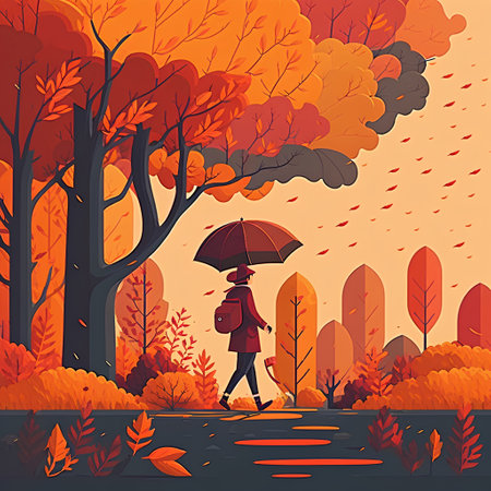 Autumn landscape with woman walking under umbrella in the forest. Vector illustrationの素材