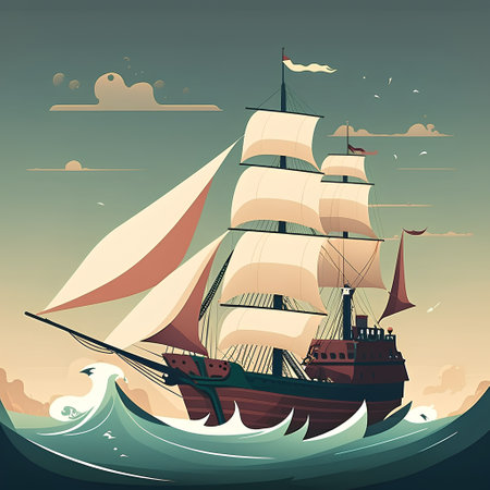 Sailing ship in the sea. Vector illustration in cartoon style.の素材