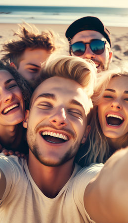summer holidays, vacation, friendship and people concept - group of smiling friends taking selfie with smartphone on beachの素材