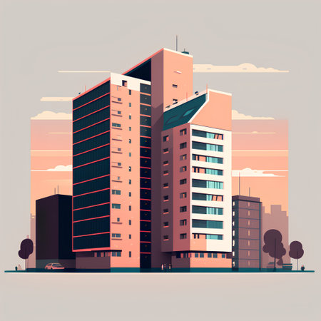 Modern city buildings at sunset. Vector illustration in flat cartoon style.の素材